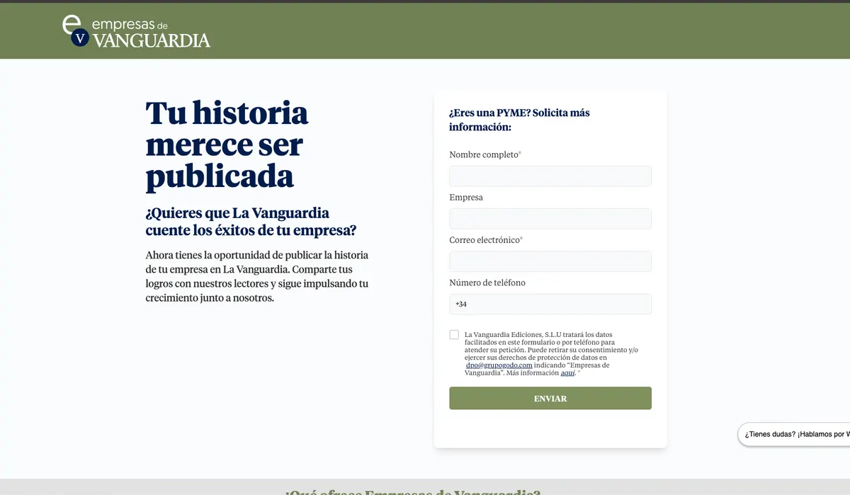 Landing de Empresas de La Vanguardia con presentación y formulario de información